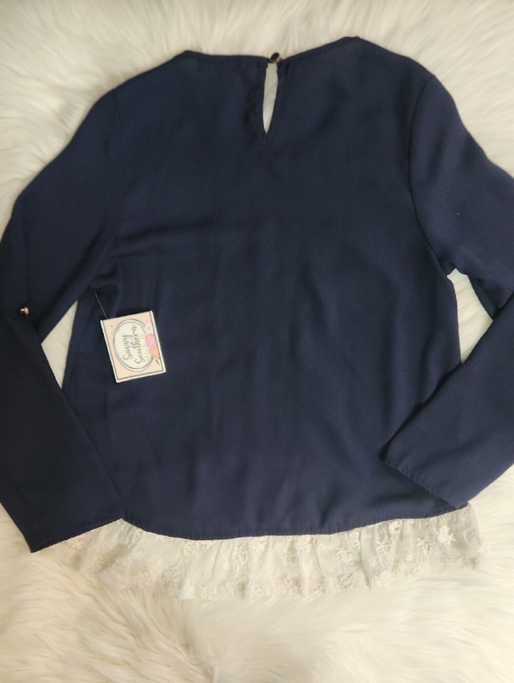 Navy Lace-Trim Long Sleeve Top - Girls Size 10 - Brand: Monteau - Picture 4 of 4